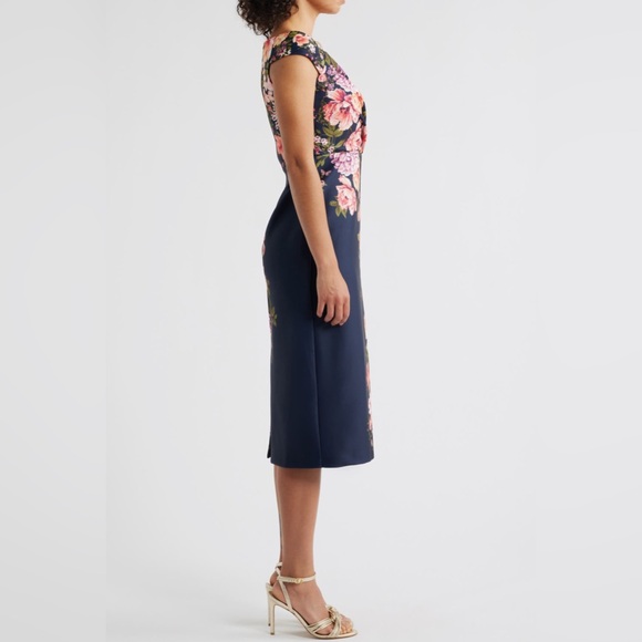Eliza J Floral Print Scuba Sheath Cap Sleeve Midi Navy Blue Dress NWT Size 14 - Picture 3 of 12